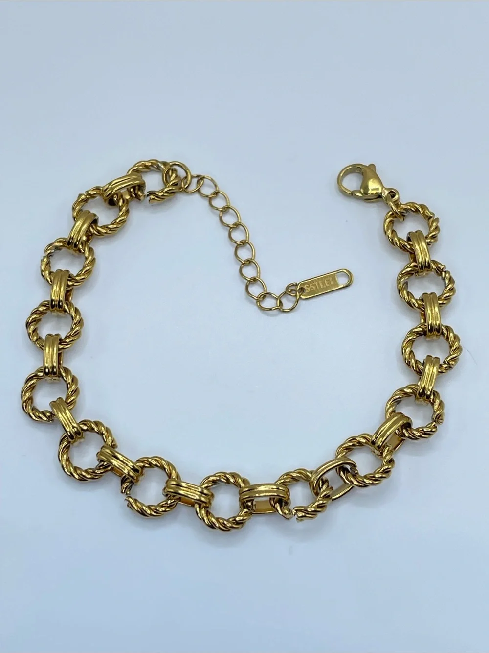 Antique Gold Tone Stainless Steel Cable Textured Link Bracelet Chain Boho
